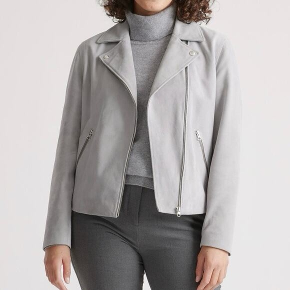 Goat leather Quince Women motorcycle Biker‎ Jacket Gray Suede Asymmetrical 4579
